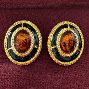 ✨Elegant Gold and Black Enamel Clip-On Earrings